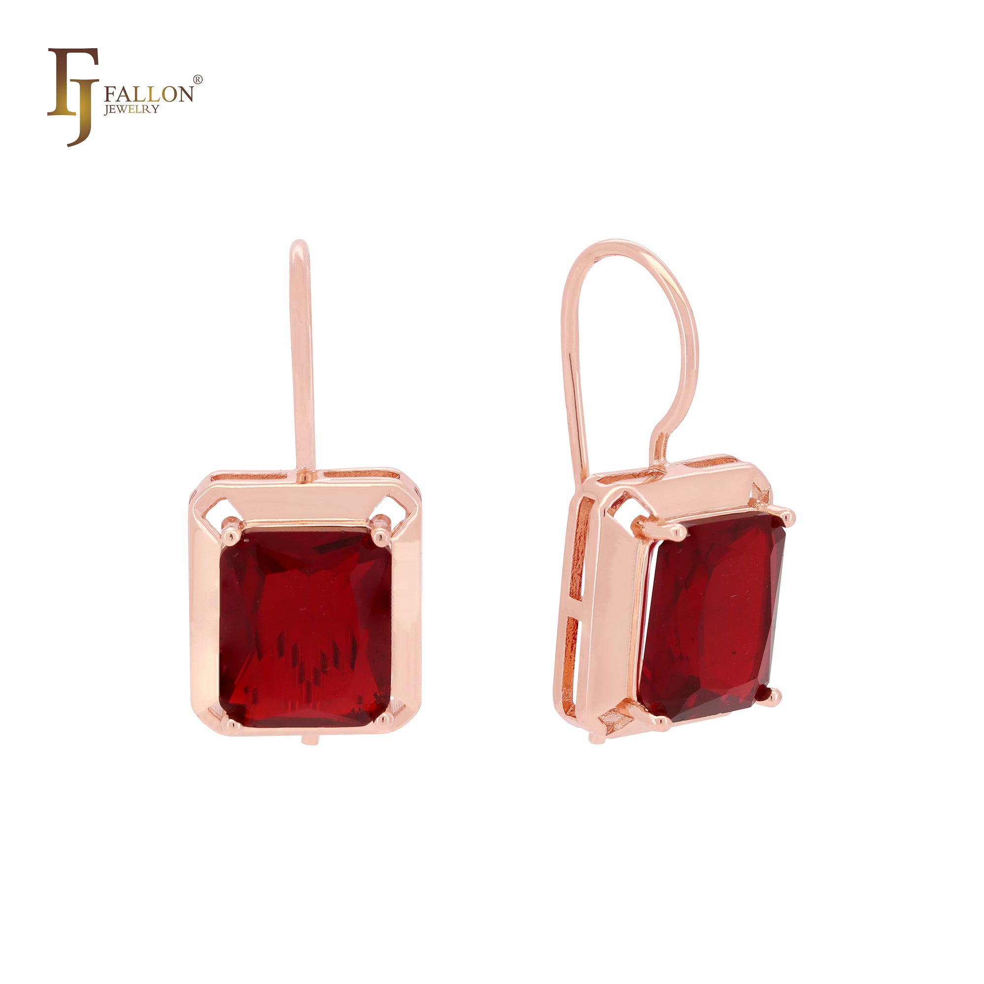 Big red squared CZ solitaire 585 Rose Gold wire hook earrings