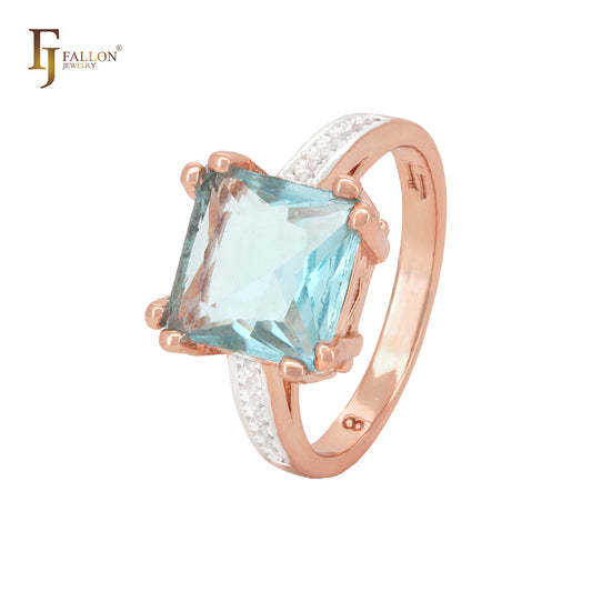 Squared White or blue CZ with paved white CZs band Rose Gold Engagment Rings