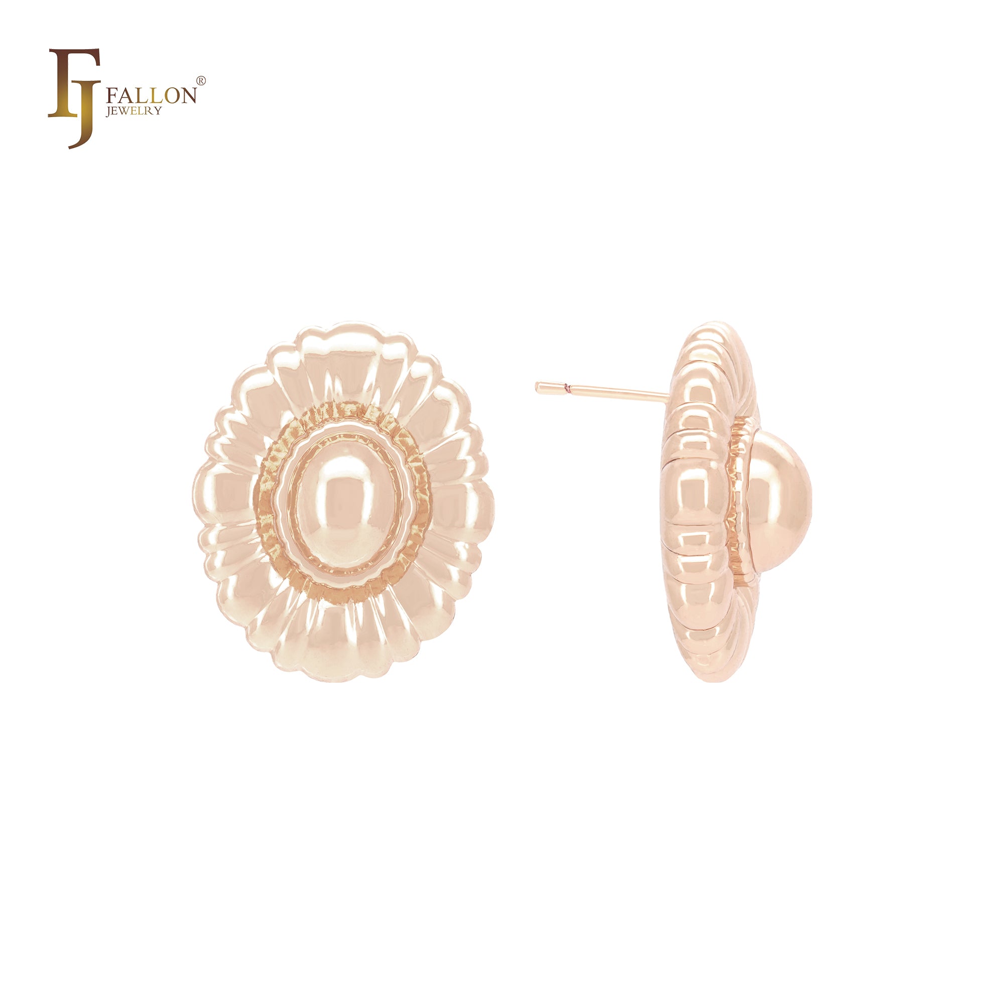 Oval sunflower of beads shaped 14K Gold, Rose Gold, White Gold Stud Earrings