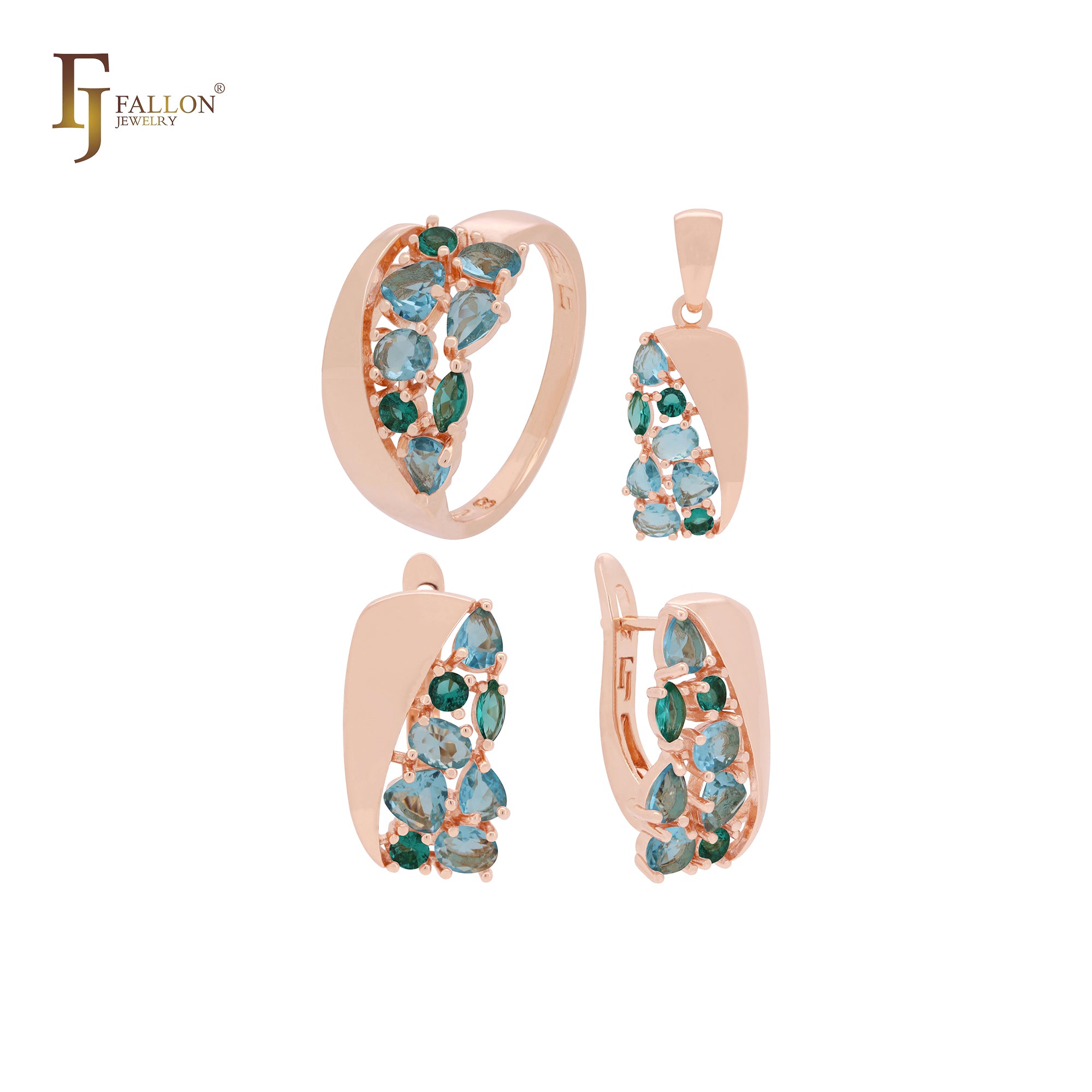 Cluster mixed blue CZs Rose Gold Jewelry Set with Rings and Pendant