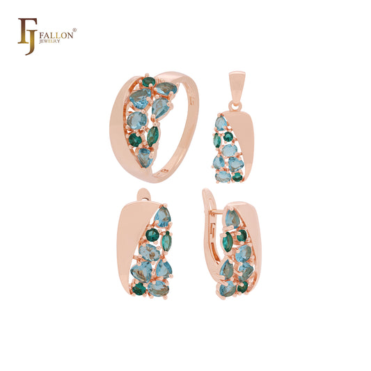 Cluster mixed blue CZs Rose Gold Jewelry Set with Rings and Pendant