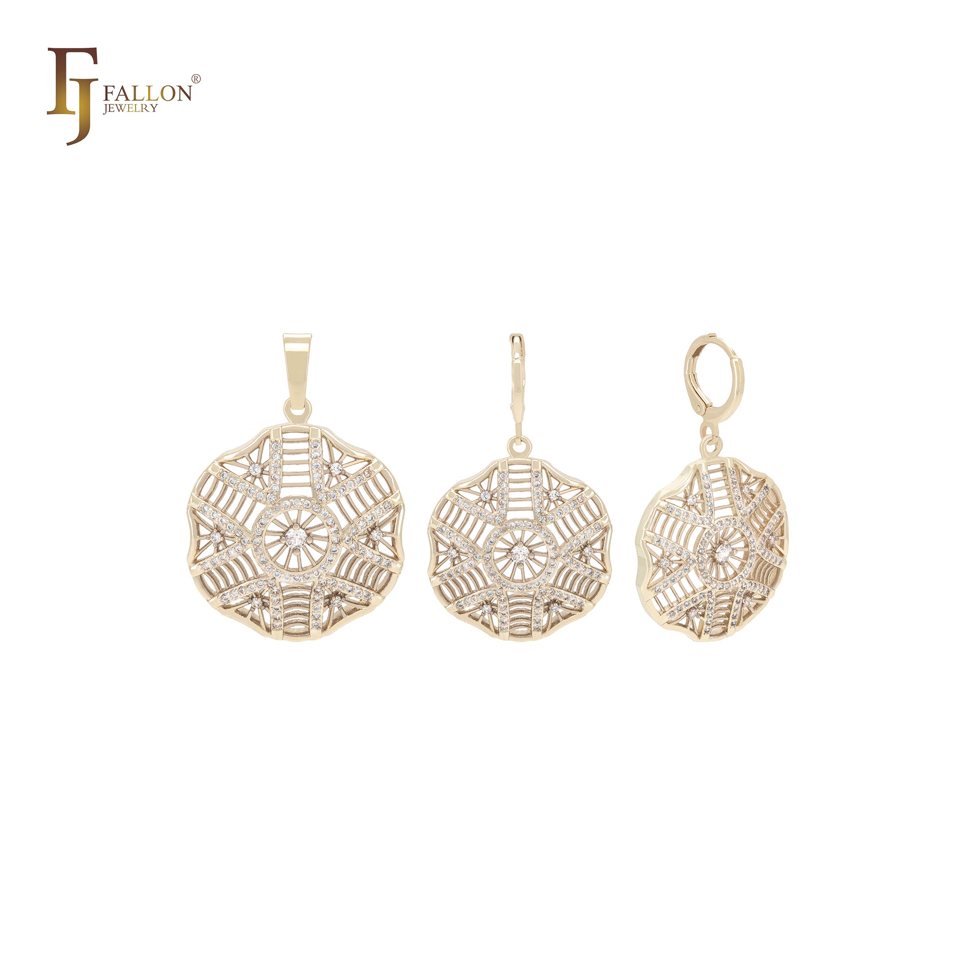 Kleidoscope white CZs overlapping snow flakes 14K Gold Jewelry Set with Pendant