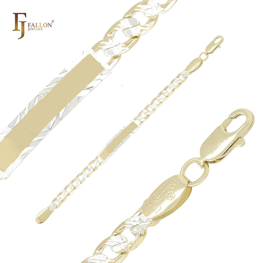 Curb link cross hammered framed white 14K Gold two tone Men's ID bracelets