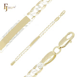 Curb link cross hammered framed white 14K Gold two tone Men's ID bracelets