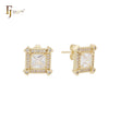 Squared asser cut white CZs halo 14K Gold Stud Earrings