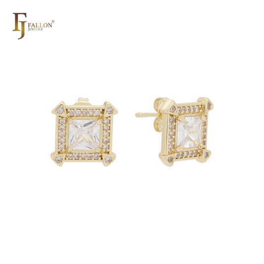 Squared asser cut white CZs halo 14K Gold Stud Earrings