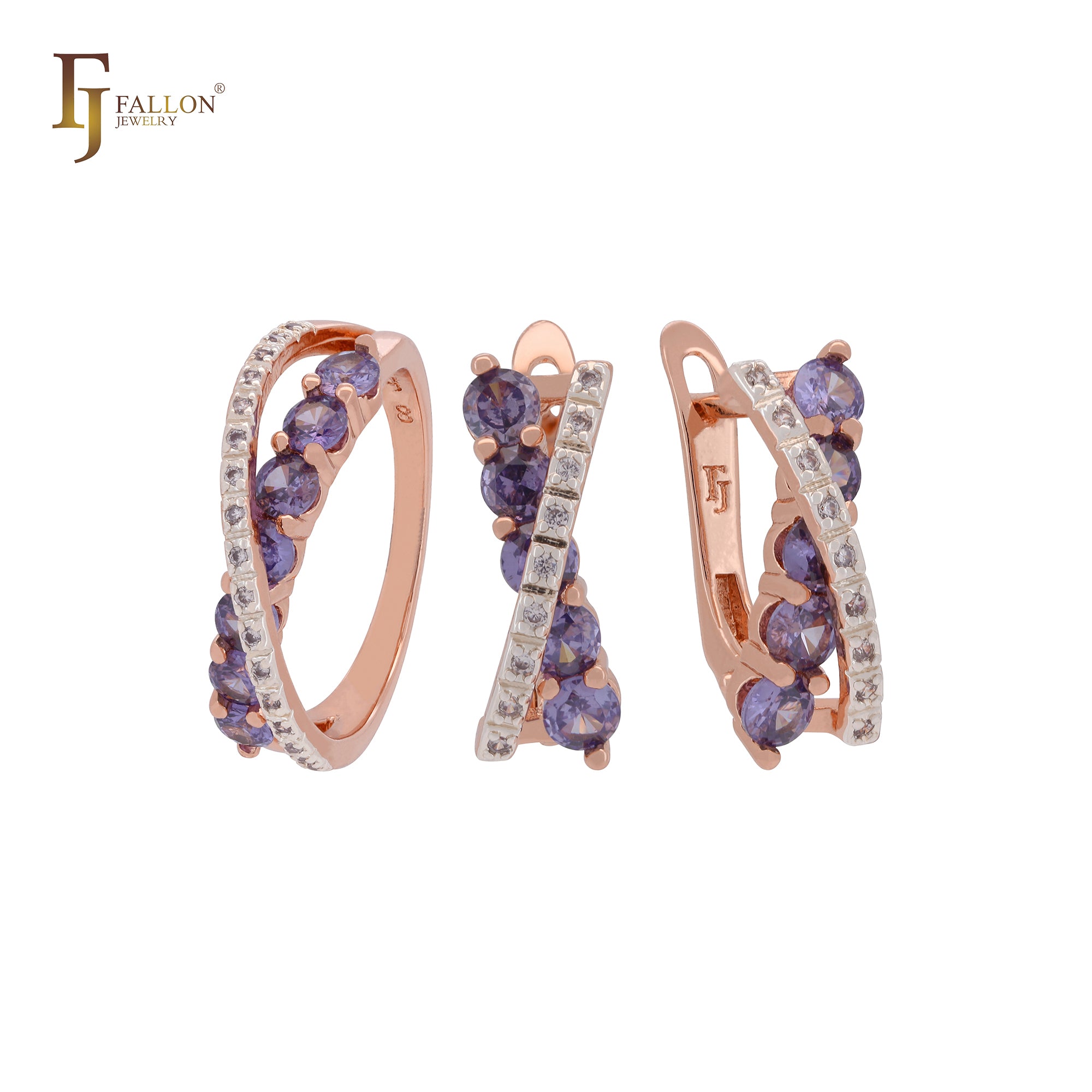 Crossing bands of paved white and purple CZs Rose Gold two tone Jewelry Set with Rings