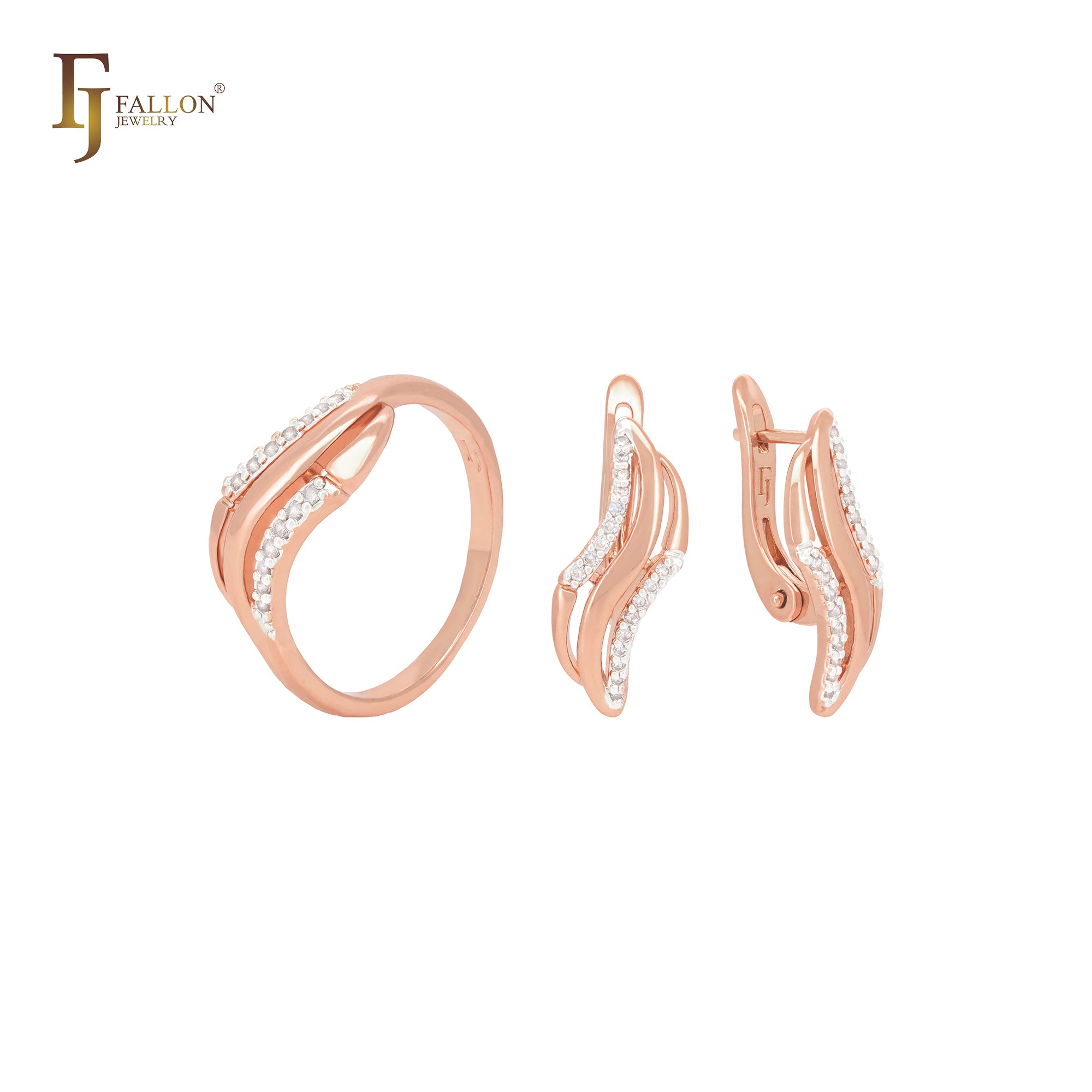 Triple twisted bonds with White CZs Rose Gold two tone Jewelry Set with Rings