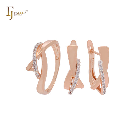 Twisted ribbon of white Czs Rose Gold two tone Jewelry Set with Rings