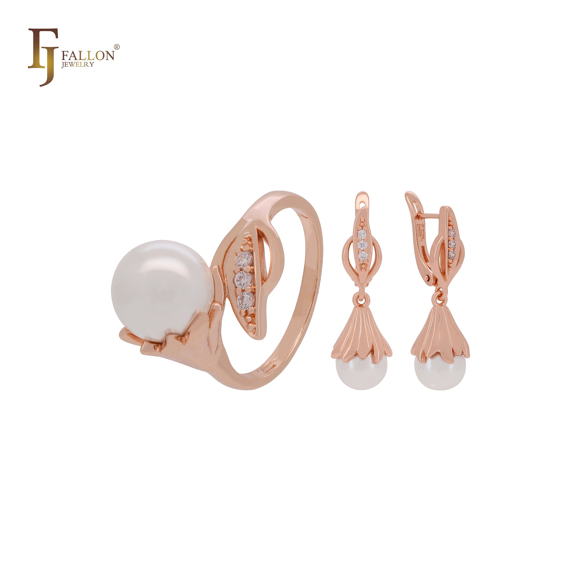 Pearl with white CZs Rose Gold Jewelry Set with Rings