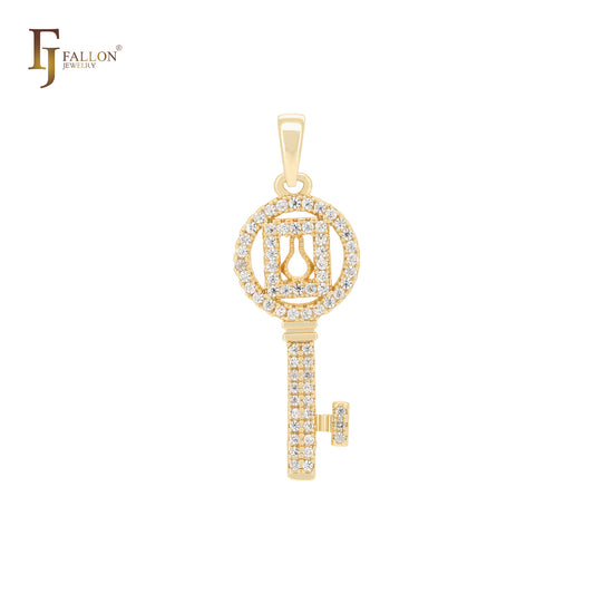 Wonderful lock and key white CZs cluster 14K Gold Key Pendant