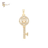 Wonderful lock and key white CZs cluster 14K Gold Key Pendant