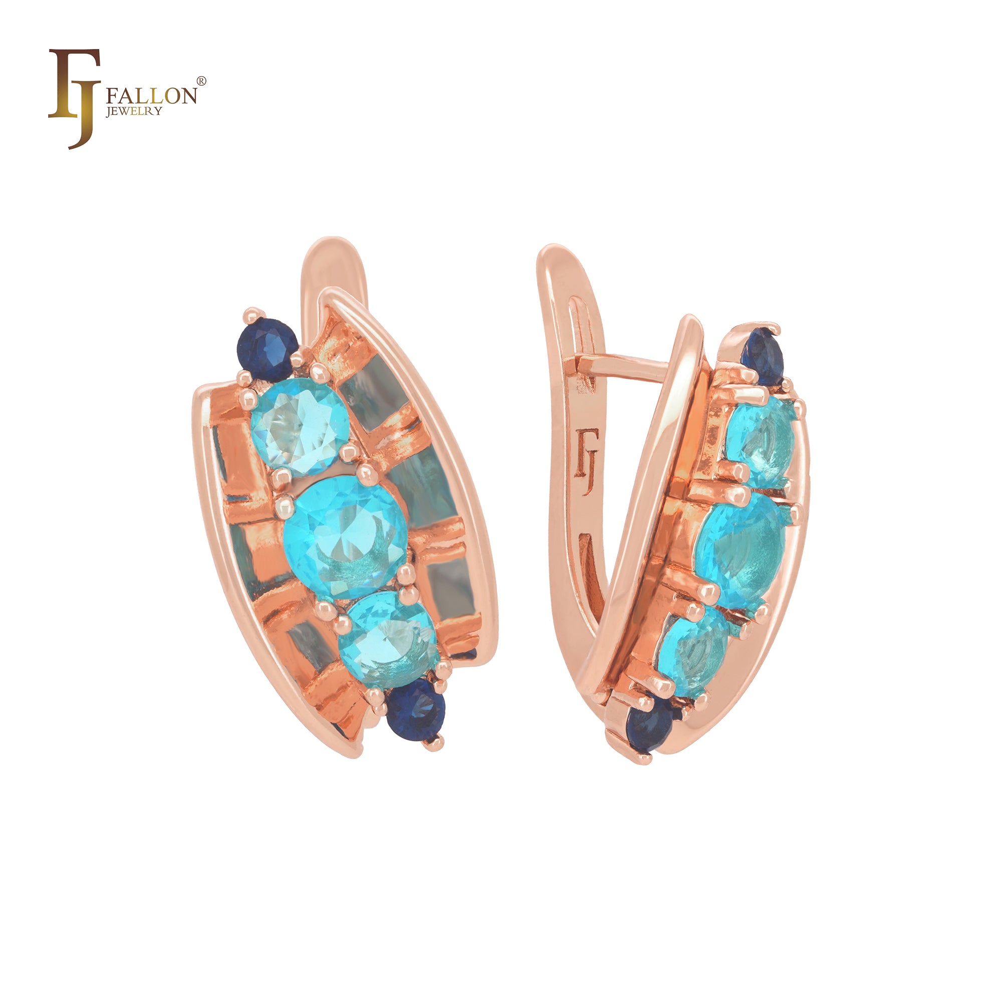 Open shell including five mixed blue CZs Rose Gold Clip-On Earrings