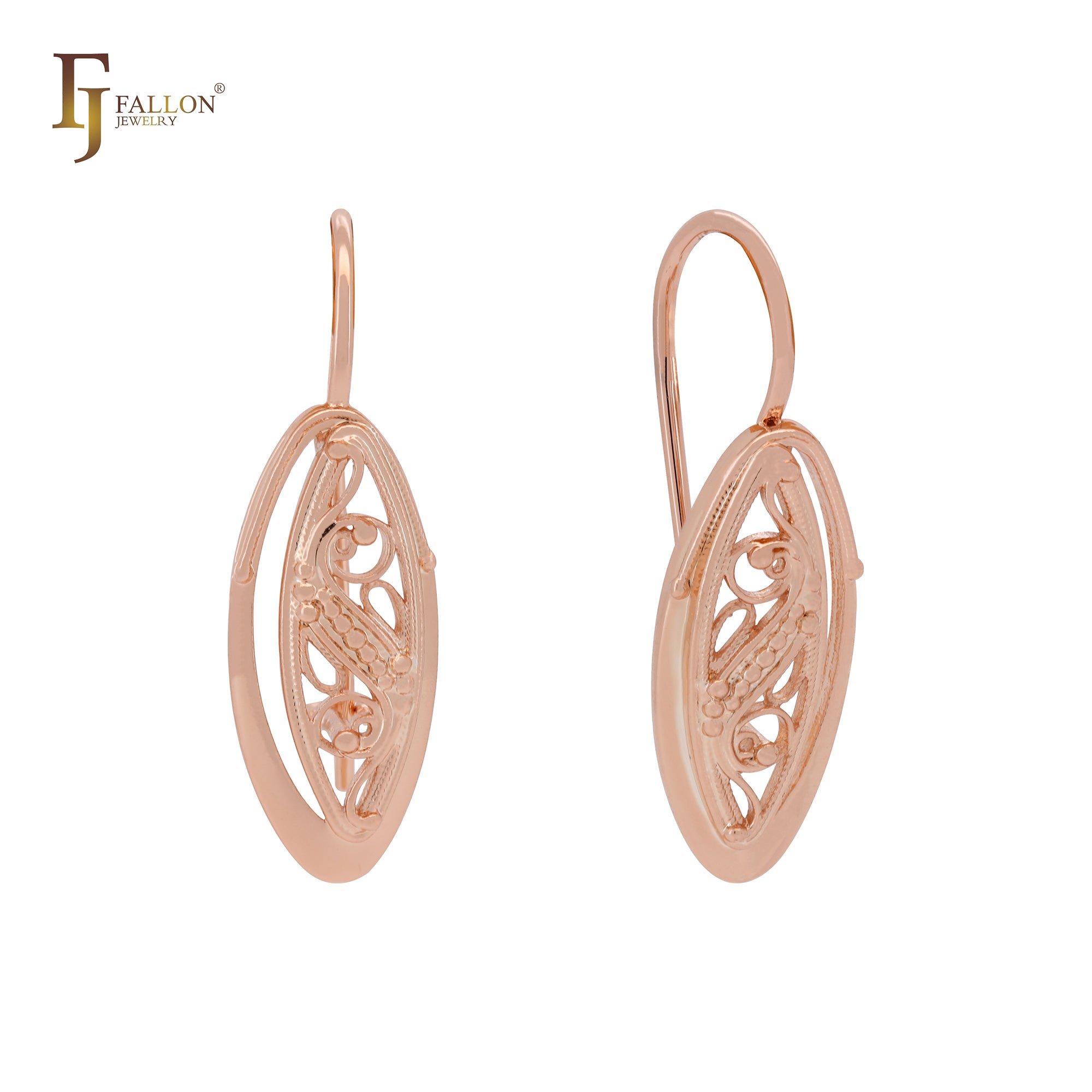 Oval filigree Rose Gold Wire Hook Earrings