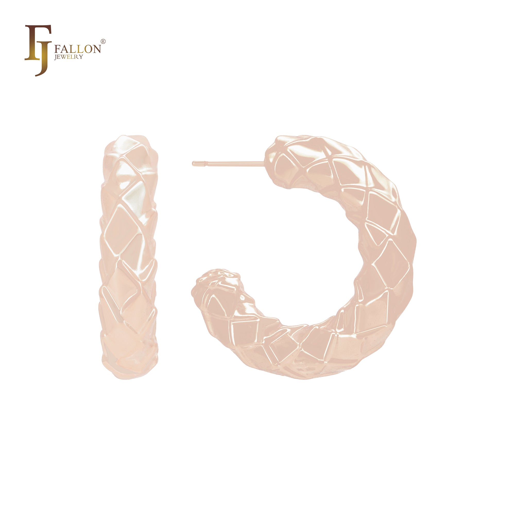 Rombus snake shaped rounded C Hoop 14K Gold, Rose Gold, White Gold Stud Earrings