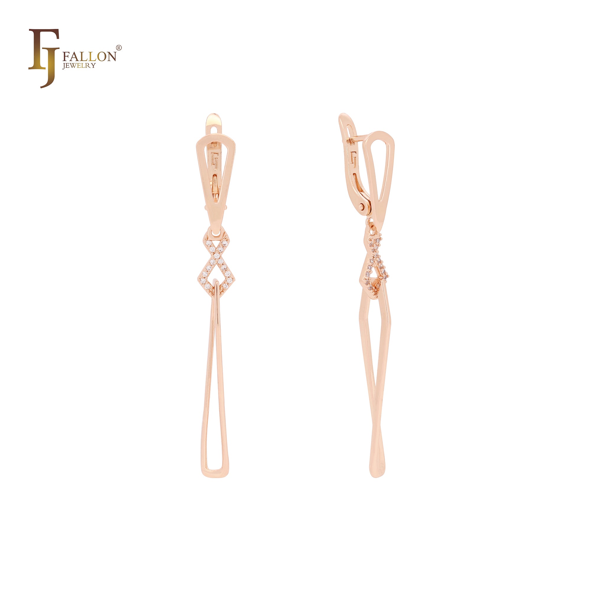 Interlocking infinity wire white CZs drop Rose Gold Clip-On Earrings