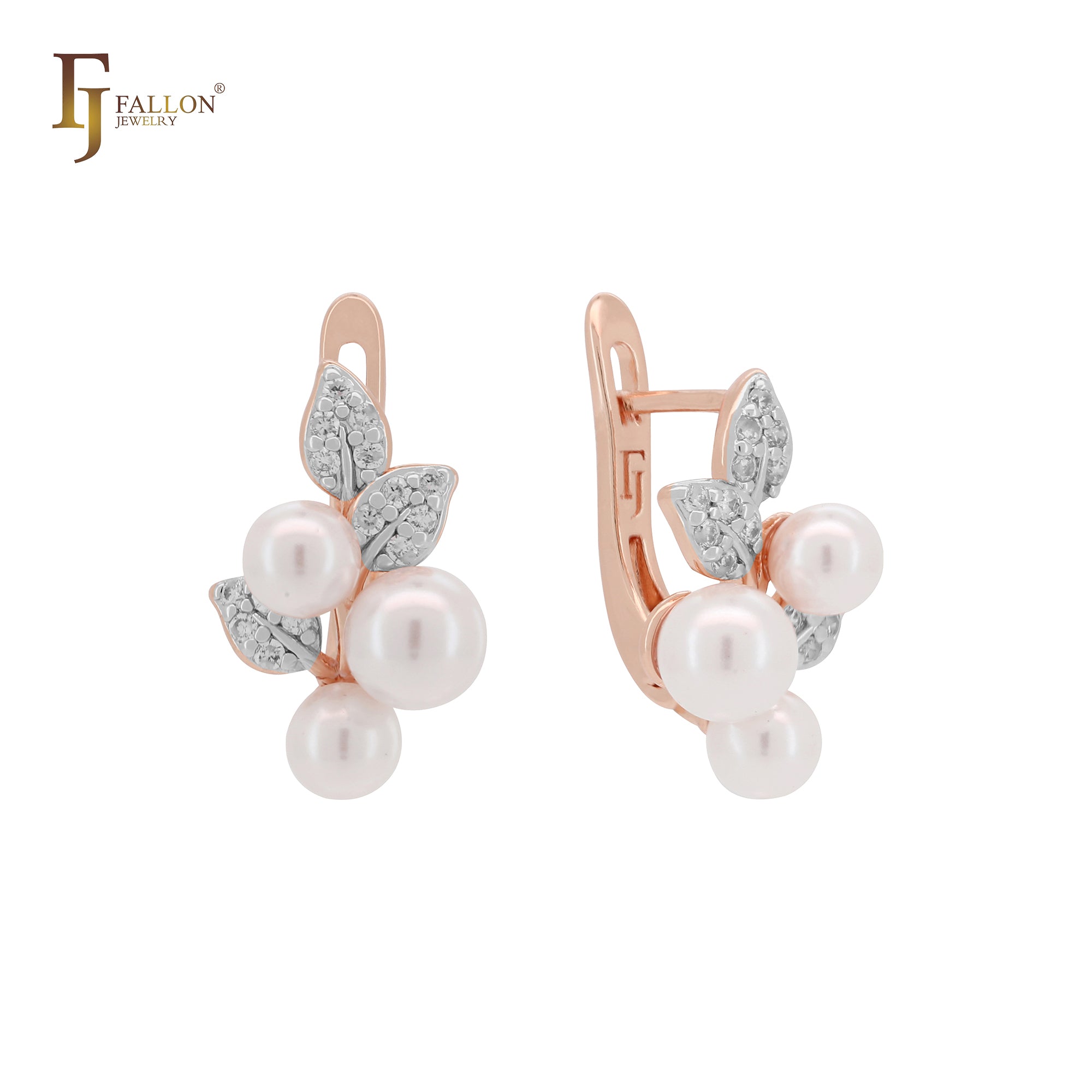 Triple pearls and leaves 14K Gold, Rose Gold, two tone Clip-On Earrings