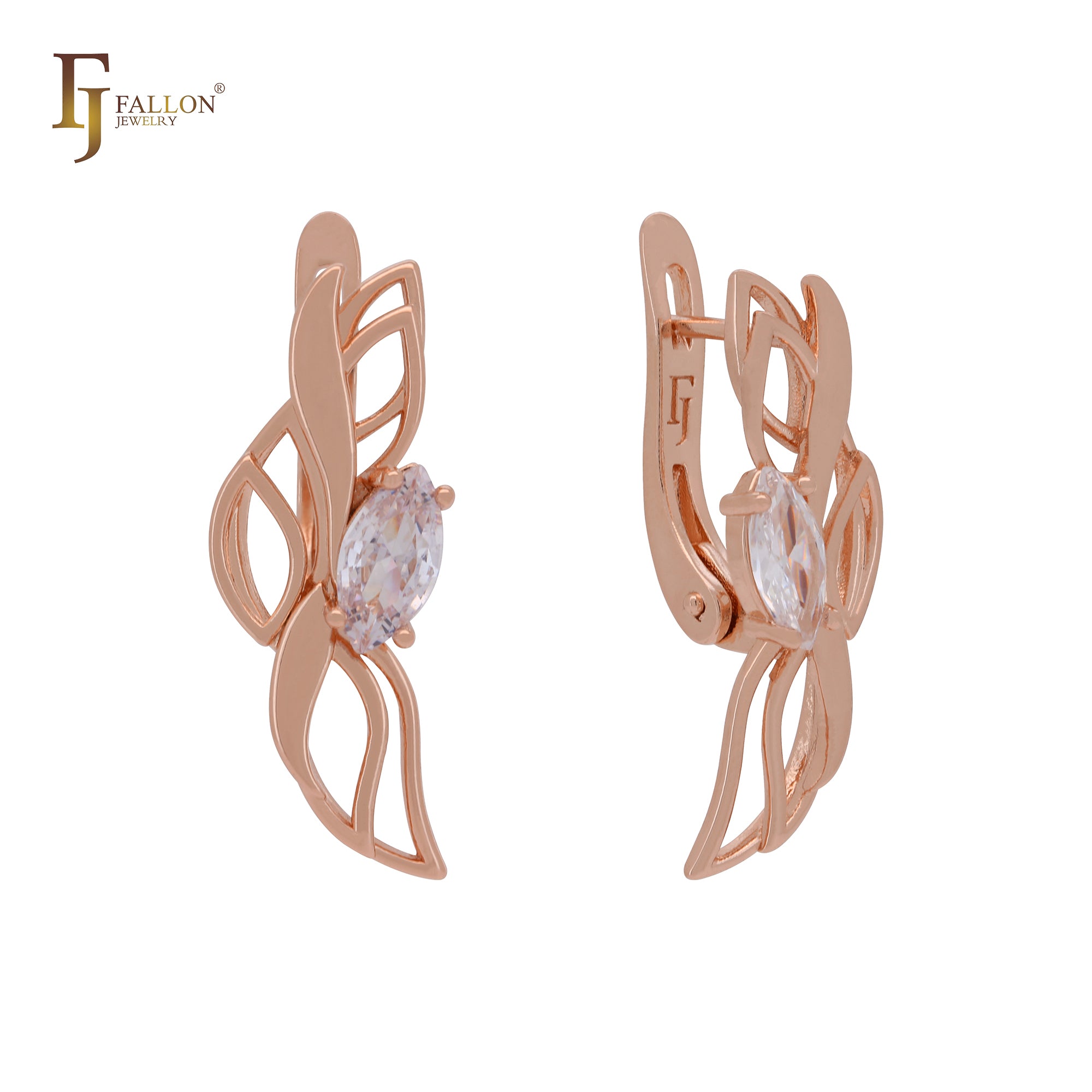 Elegant leaves flowers of solitaire White CZ Rose Gold Clip-On Earrings