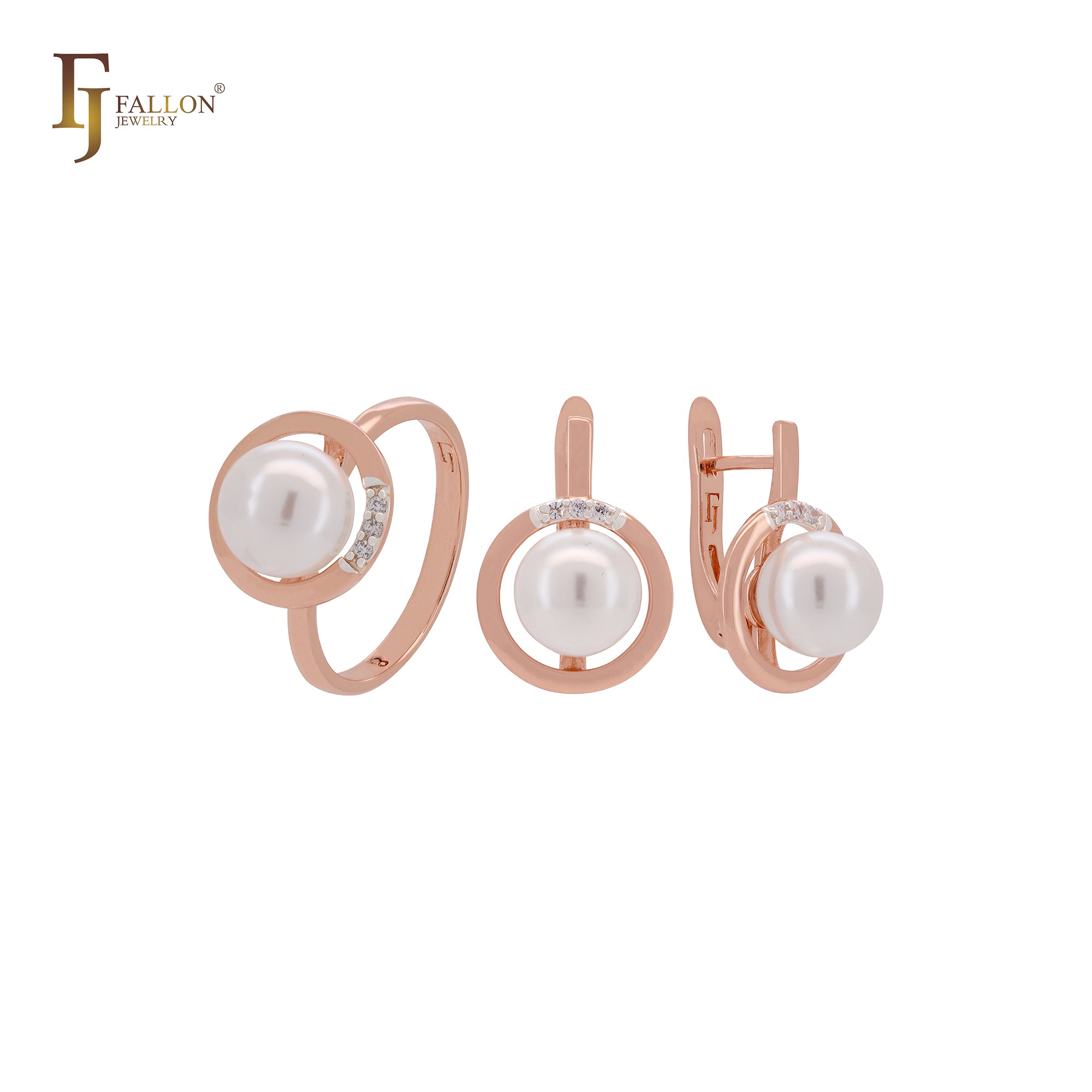 Circular Pearl with white CZs Rose Gold Jewelry Set with Rings