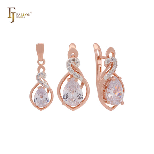 Solitaire pear shape Coffee CZ Rose Gold two tone Jewelry Set with Pendant