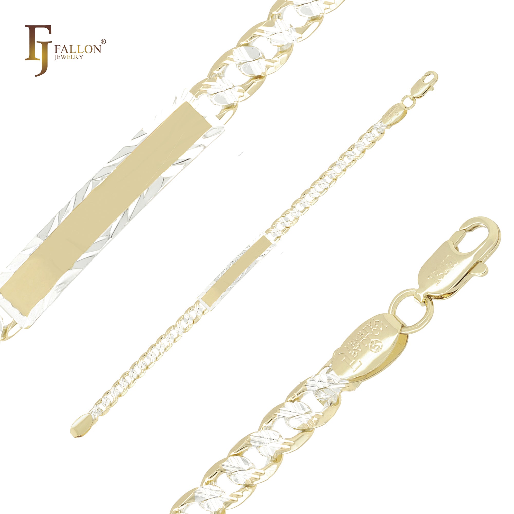 Curb link cross hammered framed white 14K Gold two tone Men's ID bracelets