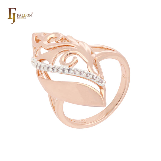 Oval branches of filigree white CZs Rose Gold two tone Fashion Rings