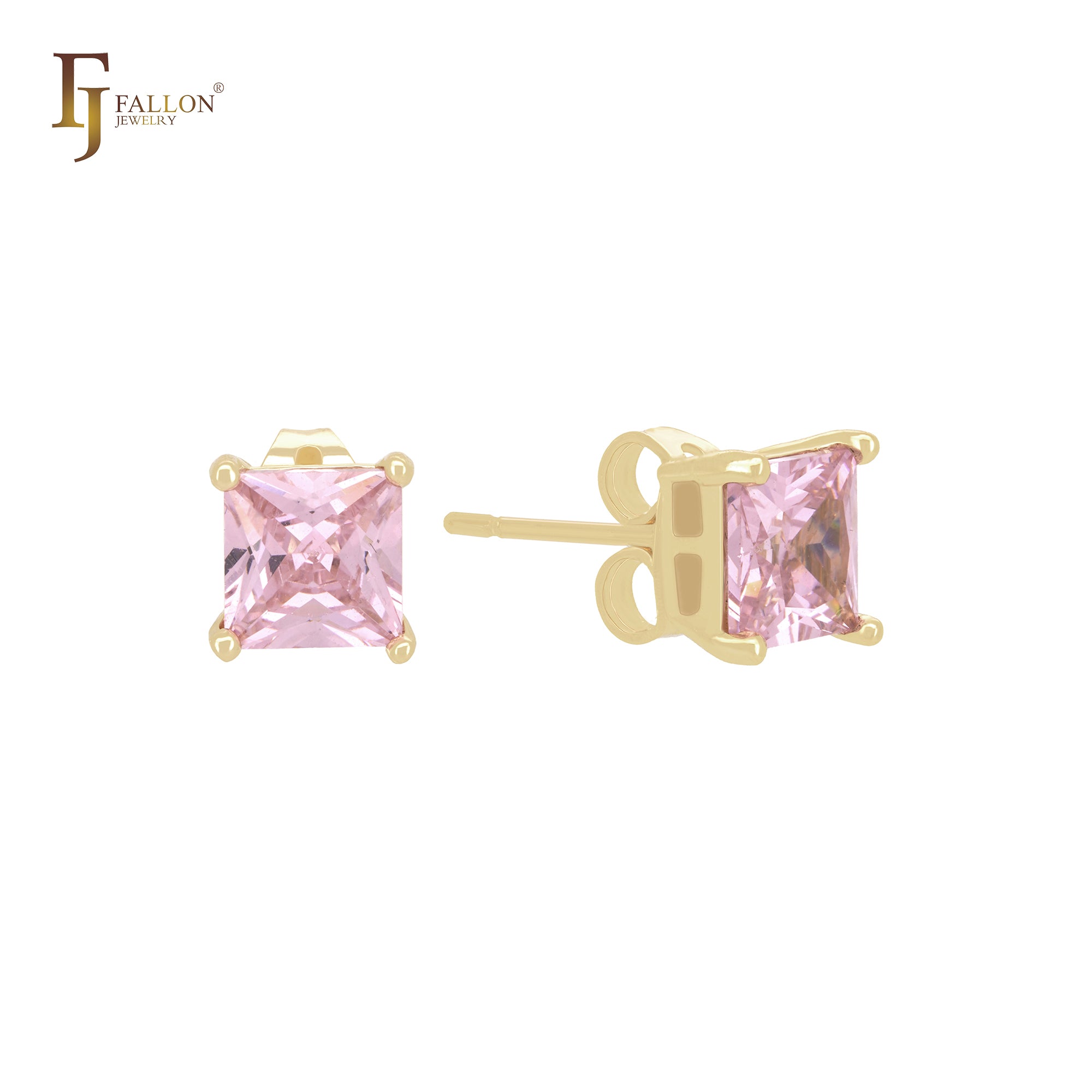 Solitaire squared colorful CZ 14K Gold Stud Earrings