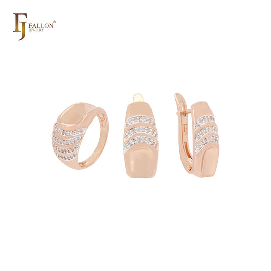 Triple rows of white CZs Rose Gold two tone Jewelry Set with Rings