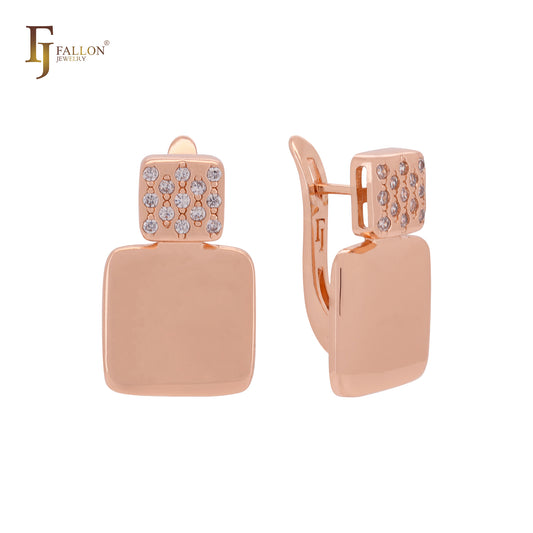 Double squared lock of white CZs geometric Rose Gold Clip-On Earrings