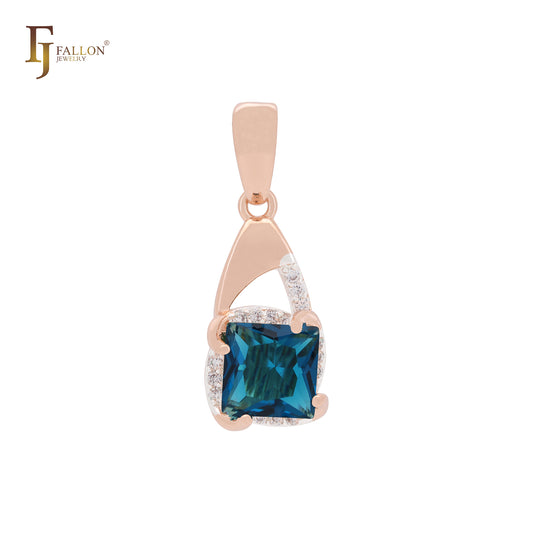 Squared Emerald CZ Rose Gold two tone Solitaire Pendant