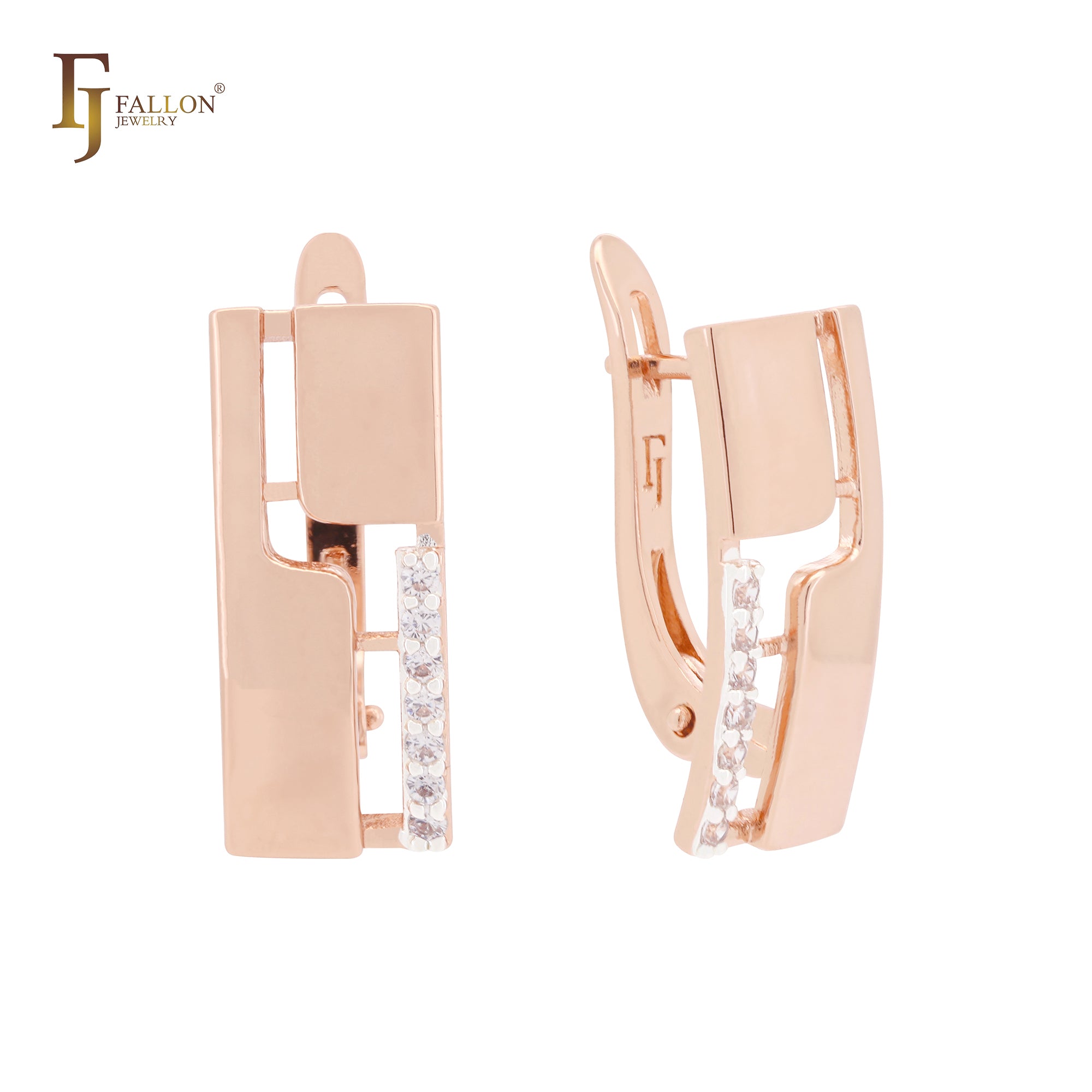 Squared white CZs Rose Gold two tone Clip-On Earrings