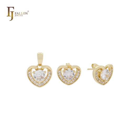 Petit tiny Heart shape halo white CZs 14K Gold Jewelry Set with Pendant and Stud Earrings