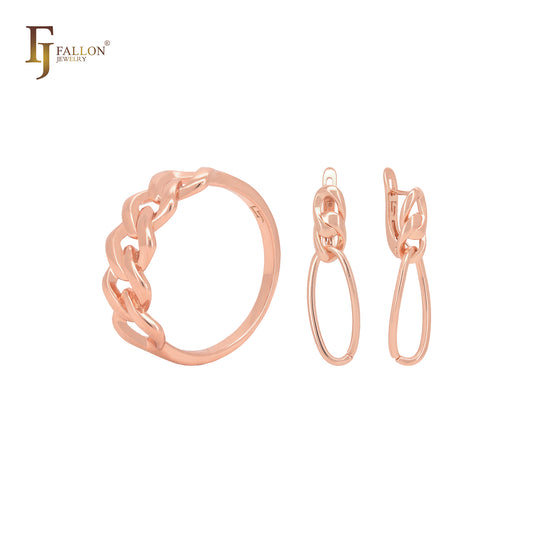 Cuban Chain link design Rose Gold Jewelry Set with Rings