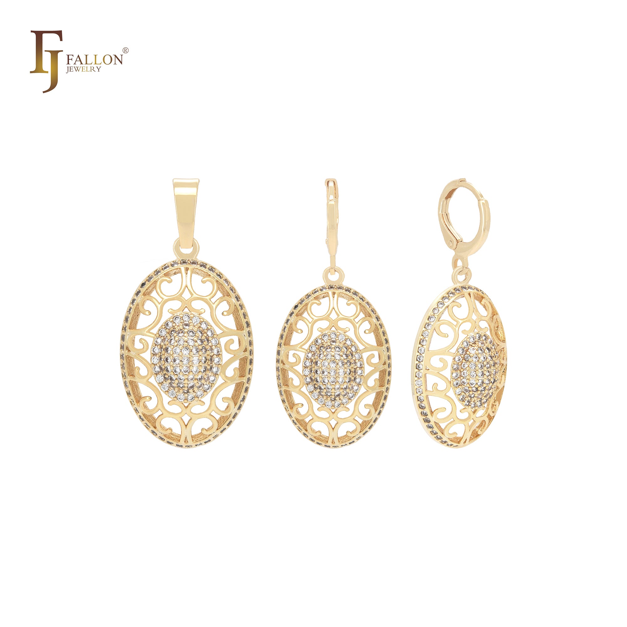 Oval filigree white CZs 14K Gold Jewelry Set with Pendant