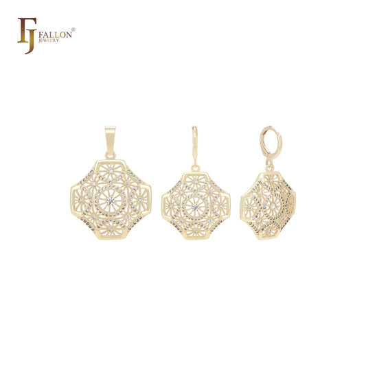 Octagon snowflake white CZs 14K Gold Jewelry Set with Pendant