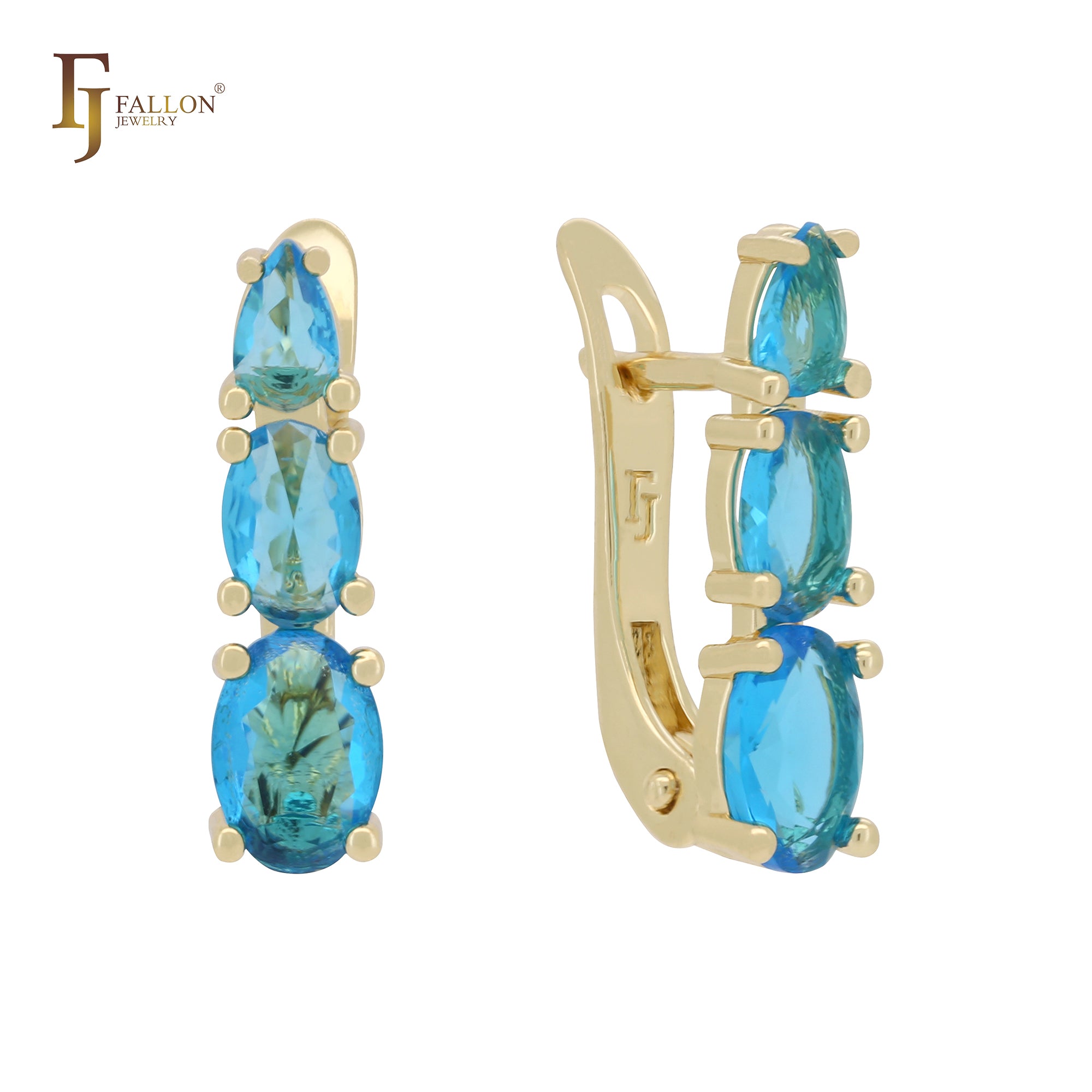 Parallel triple ocean blue CZs 14K Gold Clip-On Earrings