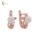 Pearl with white CZs kitty cat Rose Gold Child Earrings