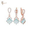 Dangling rhombus shape lake blue CZ with white CZs band Rose Gold Jewelry Set with Pendant