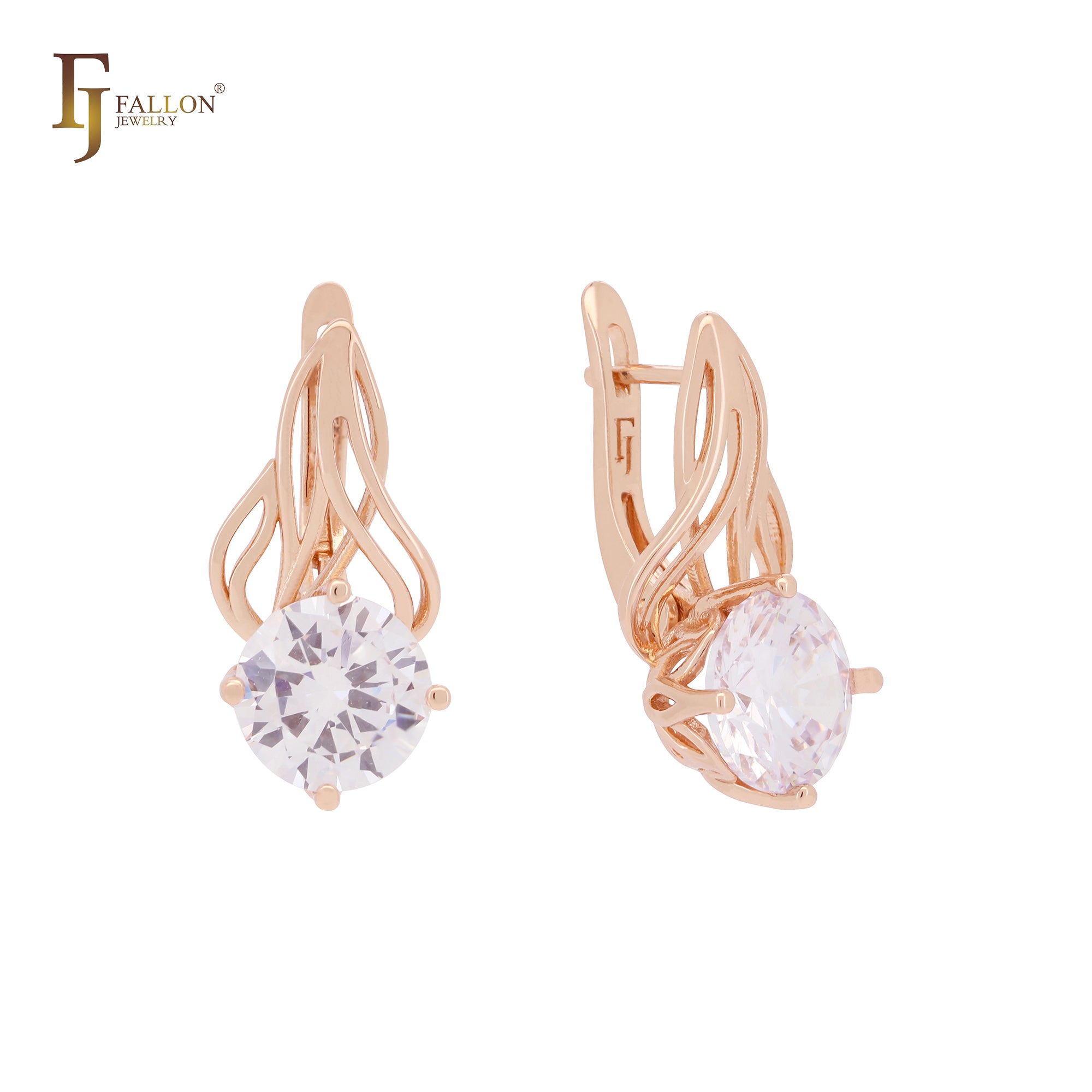 Thousand rows of branches big solitaire rounded white CZ Rose Gold Clip-On Earrings