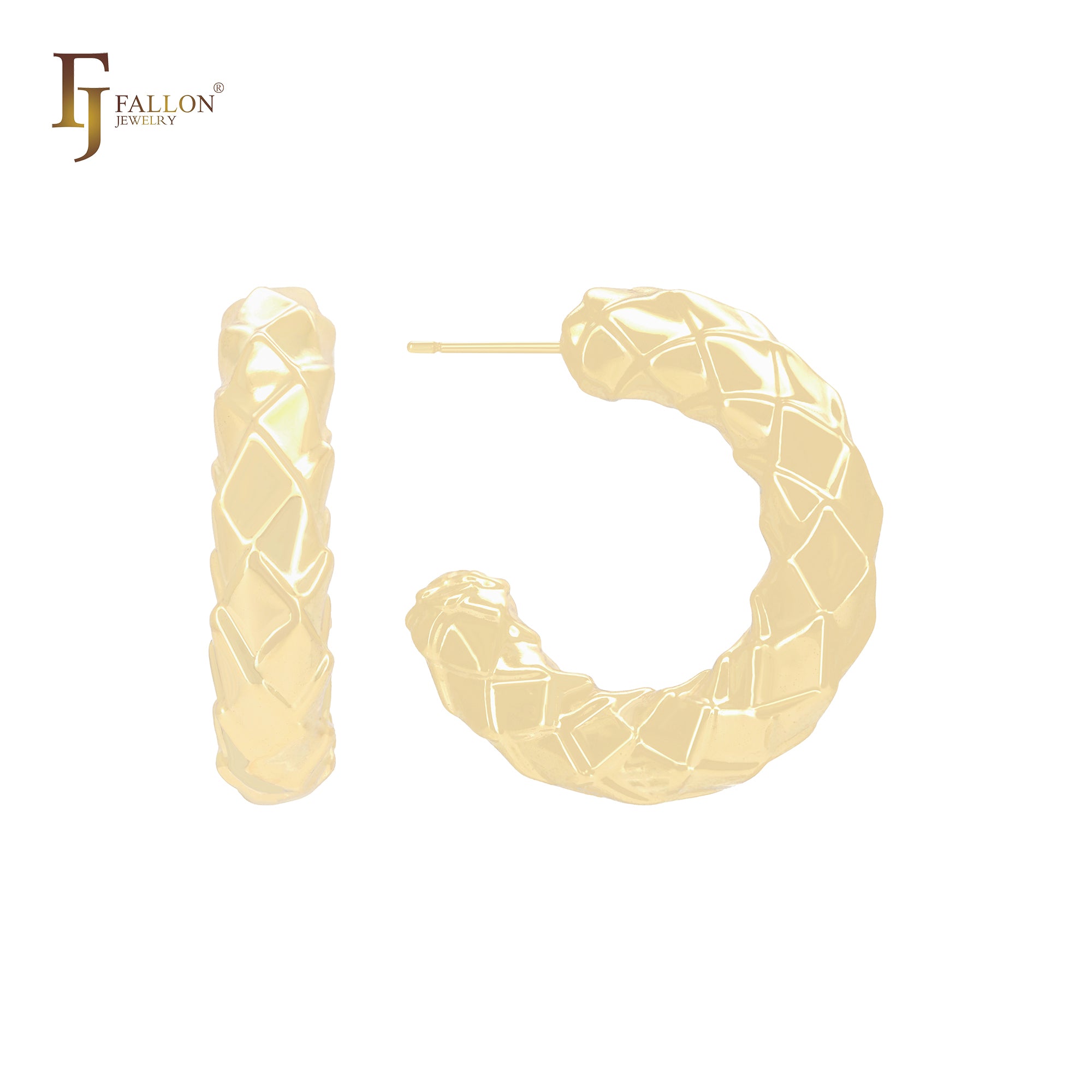 Rombus snake shaped rounded C Hoop 14K Gold, Rose Gold, White Gold Stud Earrings