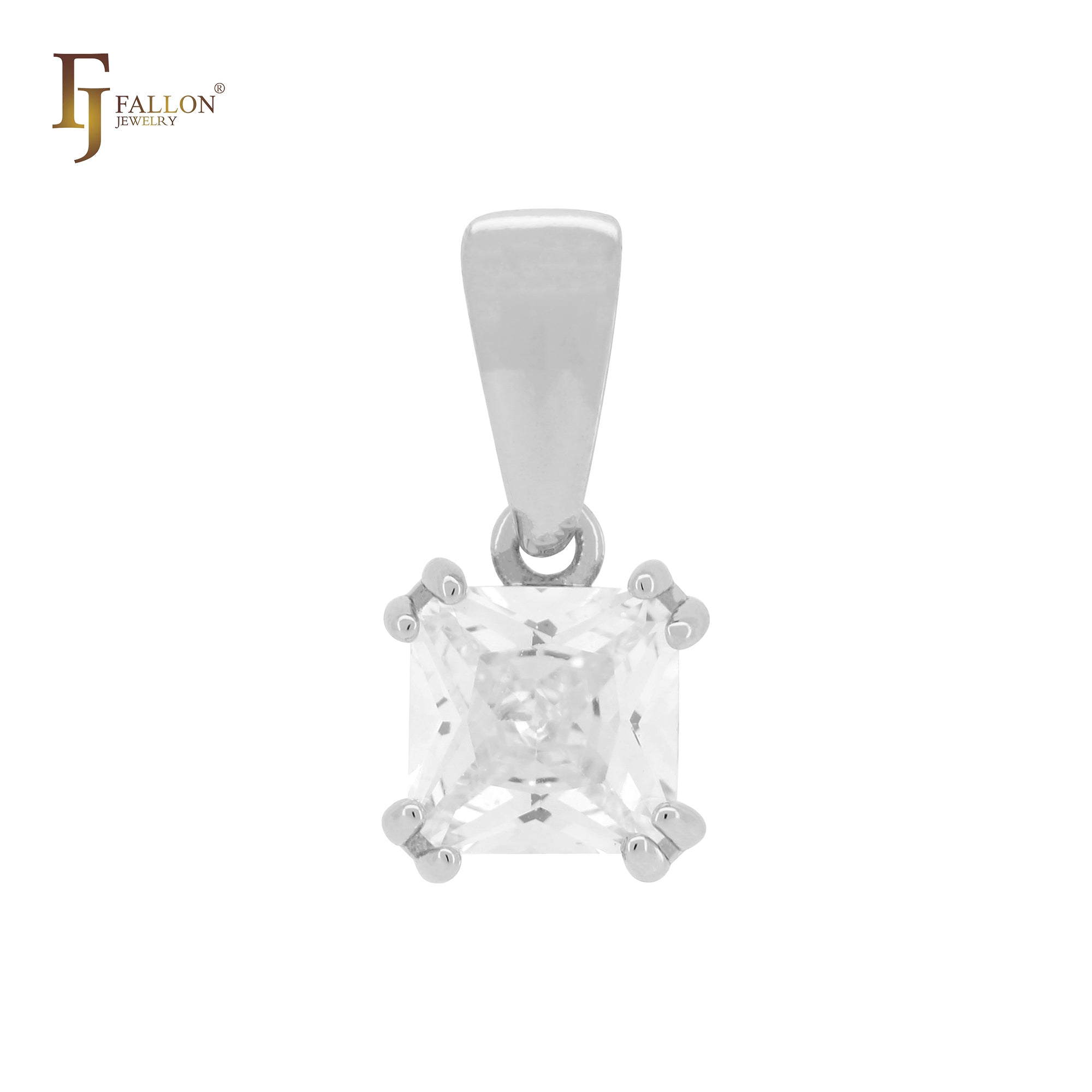 Claw setting squared white CZ solitaire 14K Gold, White Gold Pendant