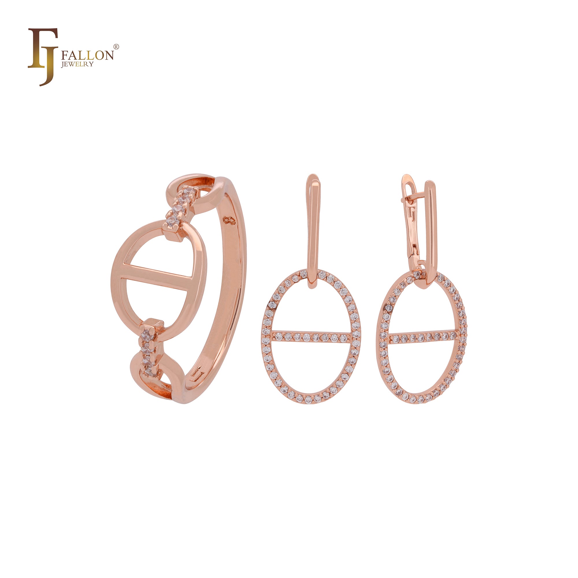 Mariner shape link with white CZs Rose Gold Jewelry Set with Rings