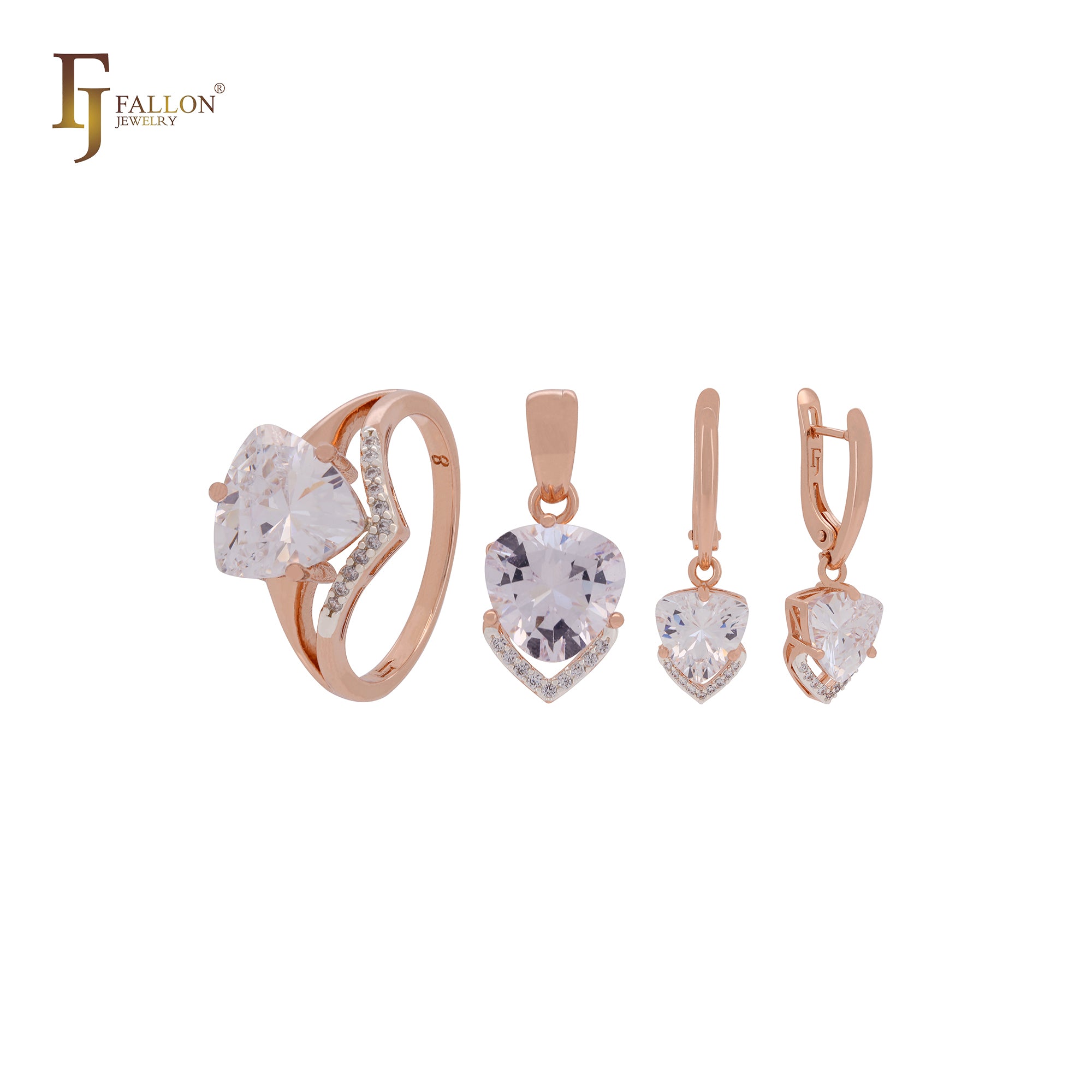 Triangular white CZ with arrow of white CZs Rose Gold two tone Jewelry Set with Rings and Pendant