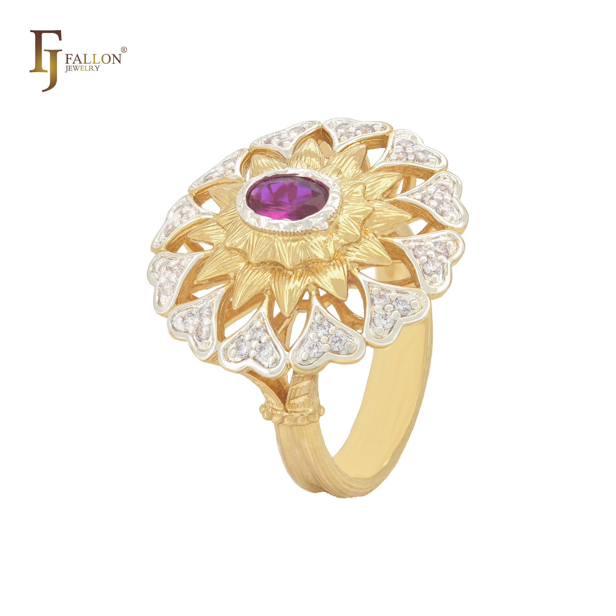 Ultra Copper wonder flower solitaire red CZ 14K Gold two tone Fashion Rings