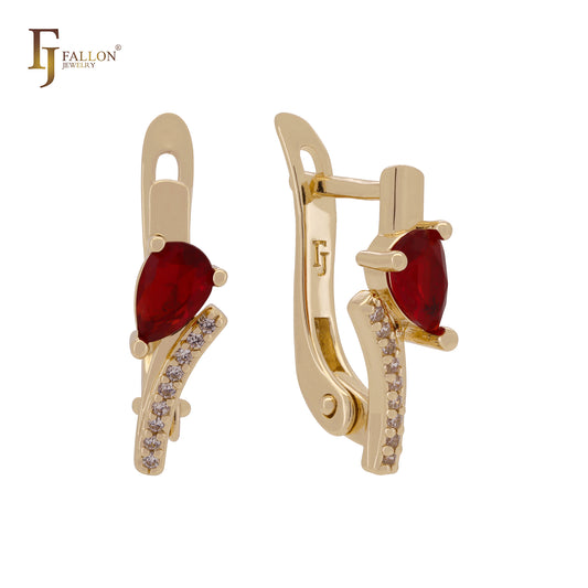 Teardrop Red CZ with white CZs 14K Gold, Rose Gold, White Gold Clip-On Earrings