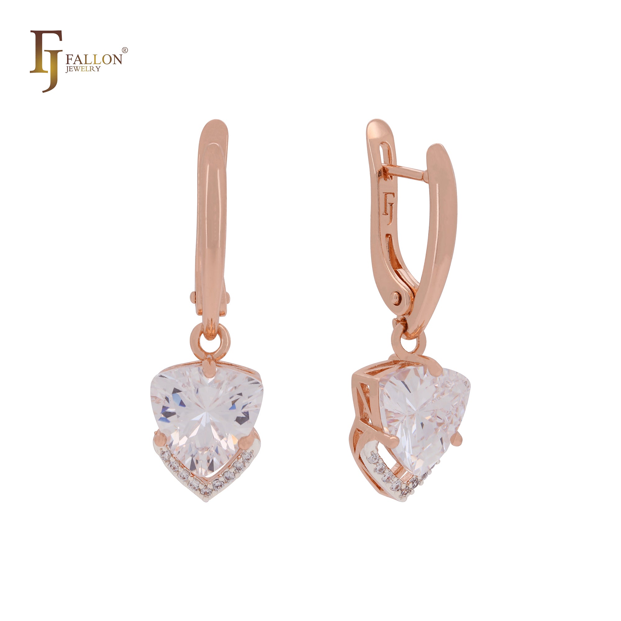 Triangular white CZ with arrow of white CZs Rose Gold two tone Clip-On Earrings