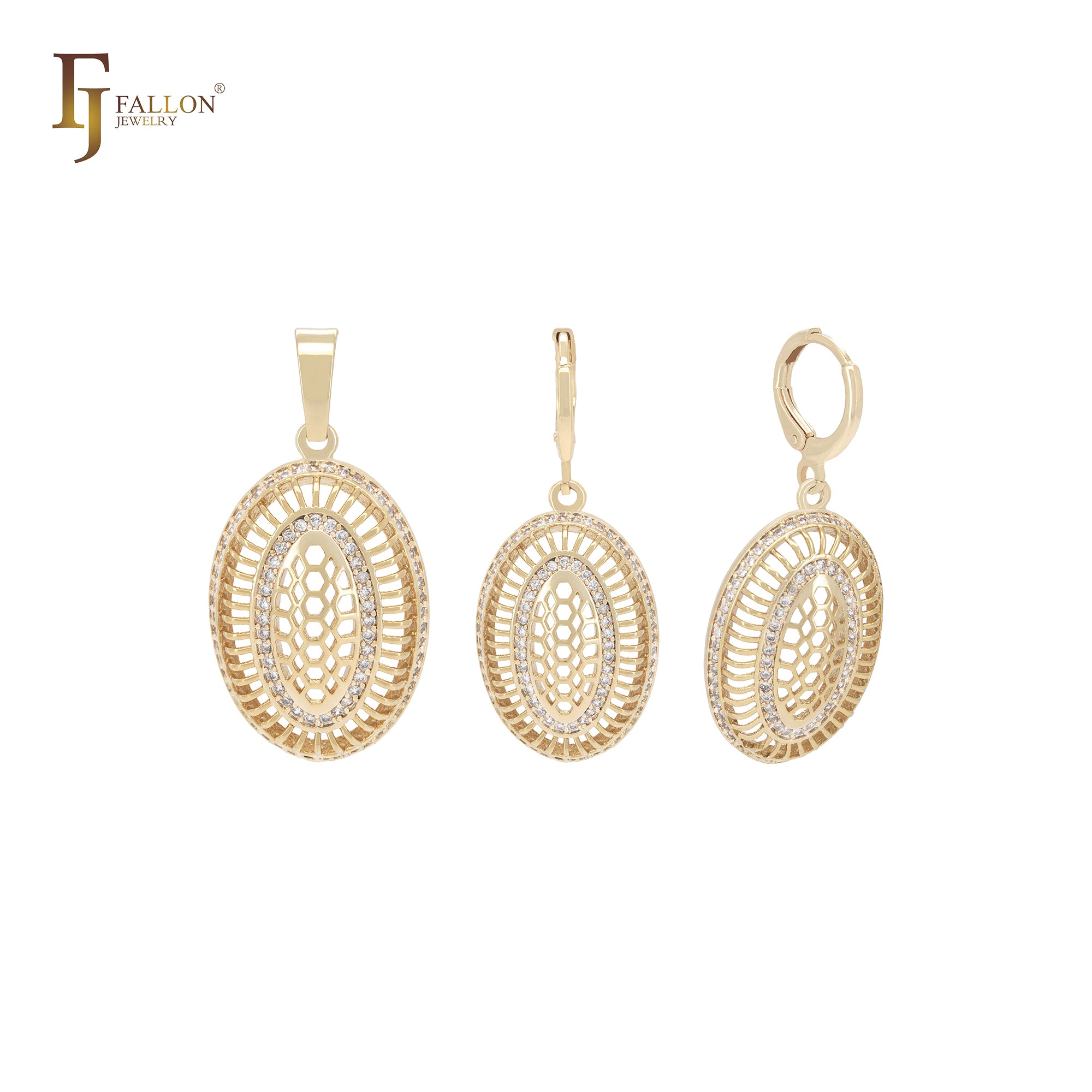 Oval halo filigree white CZs cluster 14K Gold Jewelry Set with Pendant