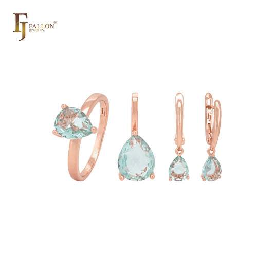 Solitaire apple green drop CZ Rose Gold Jewelry Set with Rings