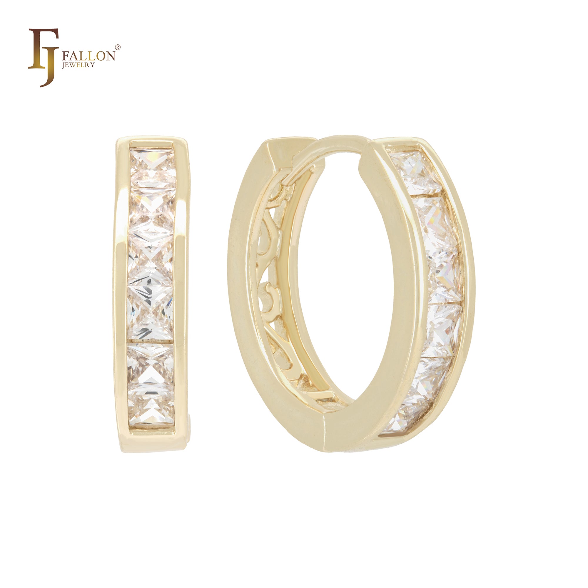 Cluster baguette white CZs 14K Gold Huggie Earrings