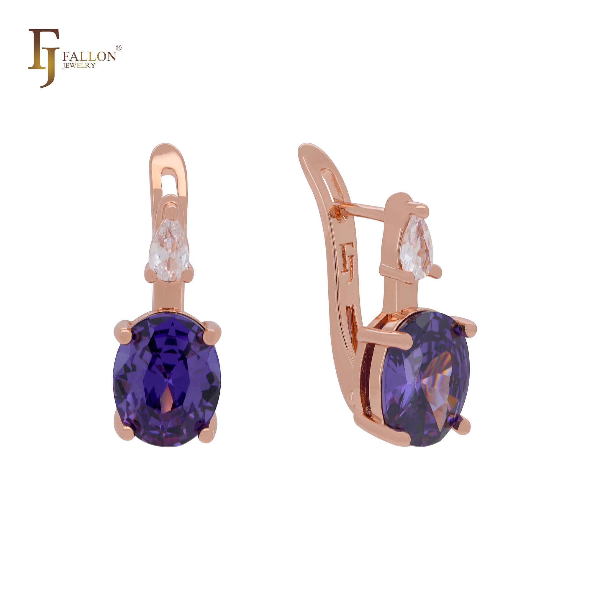 Big Solitaire Purple CZ sided with white CZs Rose Gold Clip-On Earrings